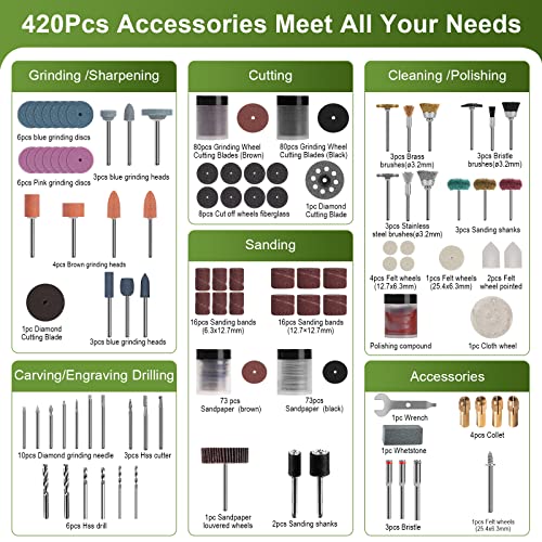 PHALANX Rotary Tool Accessory Kit, 420 Pcs Accessories Kit, 1/8"(3.2mm) Diameter Shanks, Universal Fitment All Rotary Tool for Easy Cutting, Sanding, Grinding, Sharpening, Engraving, Carving- PRA420… - color: 420pcs Accessories Kit