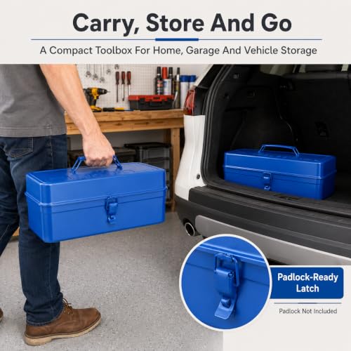 14.2 Inch Portable Metal Tool Box with Removable Tray, Blue - color: Blue