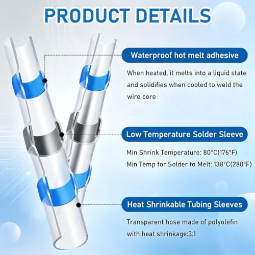 230Pcs Solder Seal Wire Connectors with Mini Heat Gun Kit, Solder Stick Wire Connectors & Heat Shrink Tubing Waterproof and Insulated Electrical Wire Terminals for Marine, Automotive - size: 230Pcs