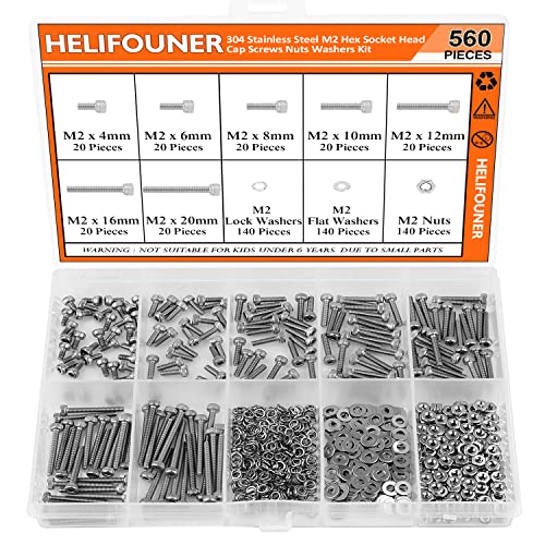 HELIFOUNER 560 Pieces M2 x 4mm /6mm /8mm /10mm /12mm /16mm /20mm, Hex Socket Head Cap Screws Bolts Washers Nuts Kit, 304 Stainless Steel - size: M2, style: Hex Socket Head Cap