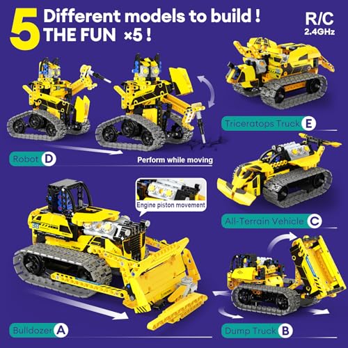 LECPOP 5-in-1 Bulldozer Robot Toy Building Sets STEM Gift for Boys Age 8-12