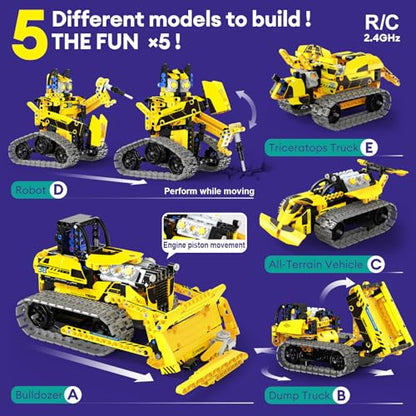 LECPOP 5-in-1 Bulldozer Robot Toy Building Sets STEM Gift for Boys Age 8-12