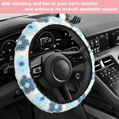 15" Plush Flower Car Steering Wheel Cover (Blue) - color: Blue