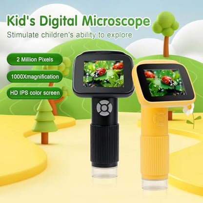 Microscope for Kids with 32GB Card, Adjustable 2.4inch IPS LCD Screen 5 Slides 1000X 1080P Digital Handheld Kids Microscope, Mini Portable Pocket Miniscope Science Toys Gifts for Boys Girls Aged 3-12 - color: Black