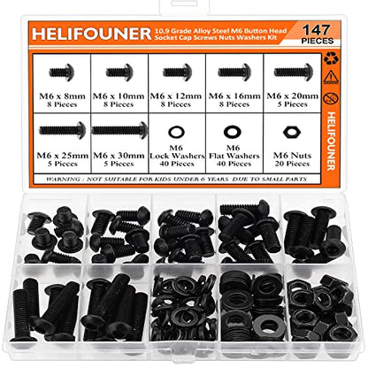 HELIFOUNER 147 Pieces M6 x 8mm /10mm /12mm /16mm /20mm /25mm /30mm, Button Head Socket Cap Screws Bolts Washers Nuts Kit, 10.9 Grade Alloy Steel, Full Threaded, Black - size: M6, style: Button Head