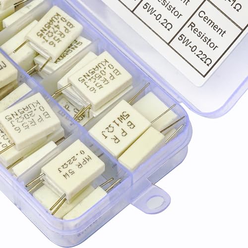 Cement Resistor 5W Assortment Kit, 5W 0.05Ω/0.1Ω/0.15Ω/0.2Ω/0.22Ω/0.25Ω/0.33Ω/0.47Ω/0.5Ω/1Ω Ohm 5W Ceramic Cement Resistor ±5% Tolerance Cement Resistors DIY Kit