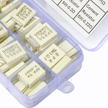 Cement Resistor 5W Assortment Kit, 5W 0.05Ω/0.1Ω/0.15Ω/0.2Ω/0.22Ω/0.25Ω/0.33Ω/0.47Ω/0.5Ω/1Ω Ohm 5W Ceramic Cement Resistor ±5% Tolerance Cement Resistors DIY Kit
