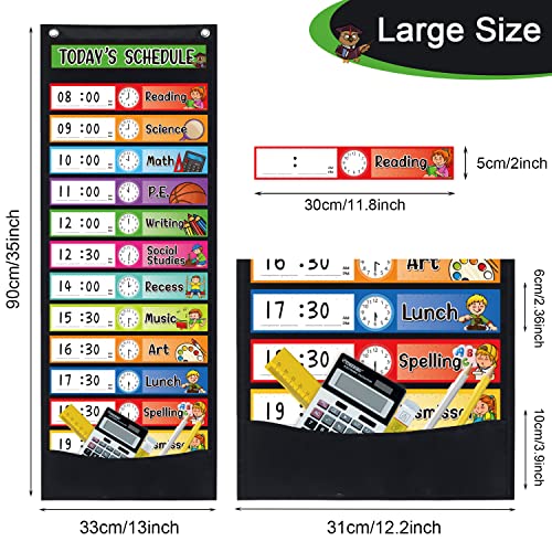 Daily Schedule Pocket Chart Kit,40 Bright Attractive Double-Sided Reusable Erasable Cards,1 Title Card,13+1 Scheduling Pocket Chart with 2 Hangers for Classroom Office Home Preschool Learning (Black) - color: Black