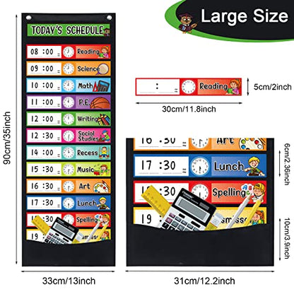 Daily Schedule Pocket Chart Kit,40 Bright Attractive Double-Sided Reusable Erasable Cards,1 Title Card,13+1 Scheduling Pocket Chart with 2 Hangers for Classroom Office Home Preschool Learning (Black) - color: Black