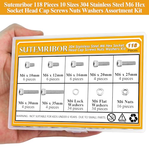 118 Pieces M6 Screws Nuts Washers Set, Sutemribor M6 x 10/12/16/20/25/30/35mm Hex Socket Head Cap Screws Nuts Washers Assortment Kit, 304 Stainless Steel, Fully Threaded - size: M6, style: Socket Head