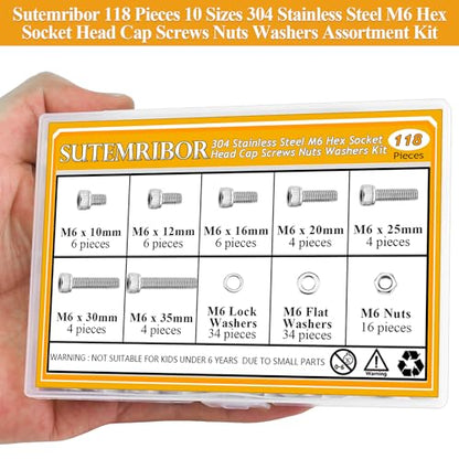 118 Pieces M6 Screws Nuts Washers Set, Sutemribor M6 x 10/12/16/20/25/30/35mm Hex Socket Head Cap Screws Nuts Washers Assortment Kit, 304 Stainless Steel, Fully Threaded - size: M6, style: Socket Head