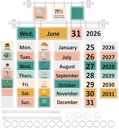 96 Cards Classroom Bulletin Board Decorations Set for Teachers,Flip Calendar with Holder for Classroom,Adjustable Calendar,Preschool Elementary Home Decor Supplies（Colorful Boho） - style: Colorful Boho