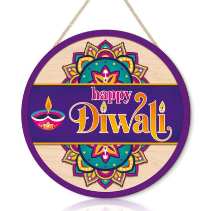 HLNIUC Happy Diwali Mandala Round Sign Diya Oil Lamp Wooden Door Hanger - color: Diwali 3