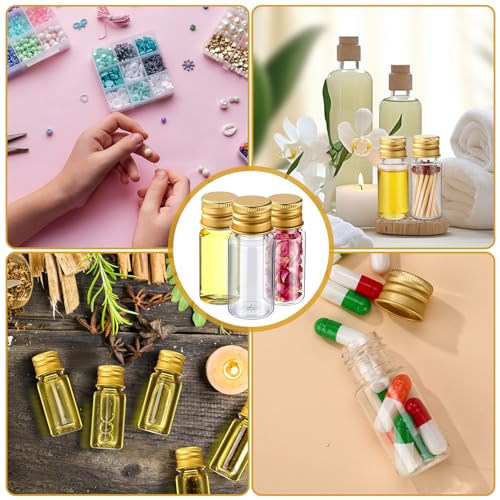 200 Pcs 10ml Mini Plastic Bottles Vials Tiny Jar with Aluminum Screw Lid Cap Clear Plastic Sample Container with Sealed Top Metal Lid for Cosmetic Essential Oil Specimen DIY Craft (Gold) - color: Gold