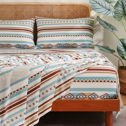 CozySmile 4 Pieces Queen Sheet Set Bohemian, Boho Sheets Soft Microfiber Deep Pocket, Western Sheets Geometric(Queen, Colorful Striped) - color: B-colorful Striped, size: Queen