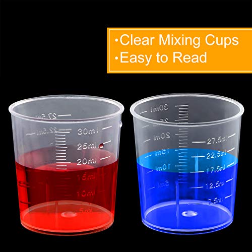 Coopay 100 Pack 30ml/1oz Plastic Graduated Cups Transparent Scale Cups Clear Epoxy Mixing Cylinder with 100 Pack Wooden Stirring Sticks for Resin, Epoxy, Stain, Mixing Paint - size: 30ml