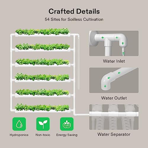 VIVOSUN Hydroponic Grow Kit, 54 Plant Sites 6 Food-Grade PVC-U Pipes Hydroponics Planting System with Water Pump, Pump Timer, Nest Basket and Sponge for Leafy Vegetable - size: 54(Wall mounted)