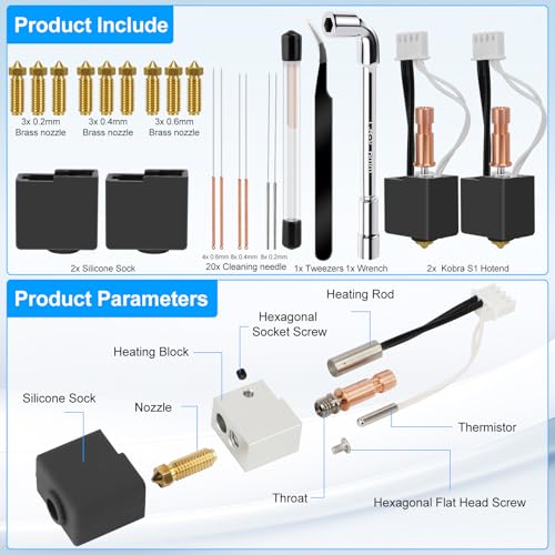 37 PCS Kobra S1 Hotend Kit, Hotend Assembled Extruder Printhead Kit with 9 Brass Nozzle 0.2/0.4/0.6mm, 20 Cleaning Needles, 2 Silicone Cover, Wrench and Tweezers, for Anycubic Kobra S1/Kobra S1 Combo - color: 37 PCS