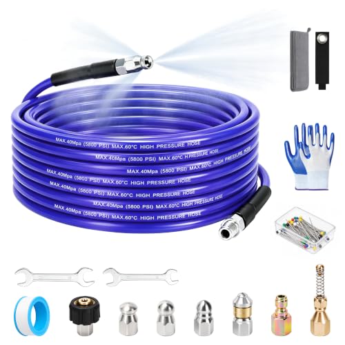 Sewer Jetter Kit for Pressure Washer, 50FT 5800 PSI Drain Cleaner Hose with 1/4" NPT Corner, Rotating and Button Hose Sewer Jetting Nozzle, Waterproof Tape, Pearl Corsage Pin, Spanner, Glove - color: Purple - Hose Only, size: 50FT