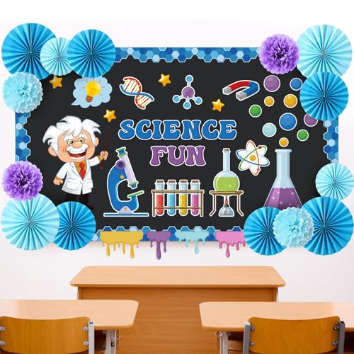 Funrous 62 Pcs Science Bulletin Board Decorations Scientist Fun Cutouts with Paper Fans Flower Pompoms Classroom Bulletin Board Border Set Teacher Chemistry Lab Experiment Craft Home Office Wall Decor
