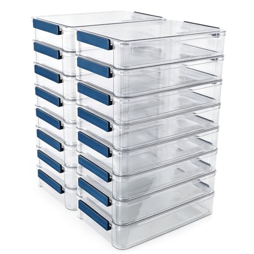 CATOOMUU 16-Pack 9x13 Shallow Flat Clear Plastic Storage Boxes - color: Large-Blue-16-Pack