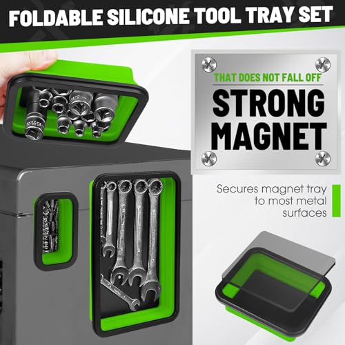 Collapsible Magnetic Parts Tray Set, 3 Different Size Tool Trays, Green - color: Green