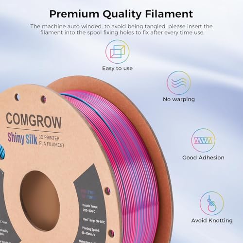 Comgrow Tri-Colors Silk PLA 3D Printer Filament, Rainbow PLA Filament 1.75mm, Dimensional Accuracy +/- 0.02 mm, 4KG Spool, Coextrusion 3D Filament with Shiny Silk - color: Mix