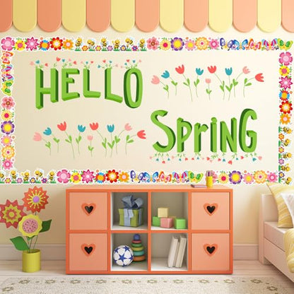 FYSUIMU 59.1 Ft Cartoon Flower Bulletin Board Borders Floral Bee Butterfly Trim Borders Springtime Classroom Scalloped Bulletin Board Decor for Back to School Spring Home Party Chalkboard Wall Decor - style: Cartoon Flower