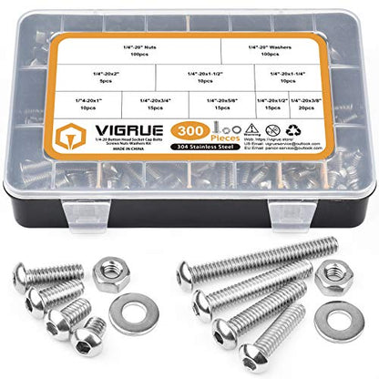 VIGRUE 300pcs 1/4-20 Hex Button Head Cap Screw, 304 Stainless Steel UNC Hexagon Bolts Flat Washers Nuts Assortment Kit Machine Screws Set, 8 Sizes (Length from 3/8" to 2") - size: 300pcs 1/4-20 Button Head