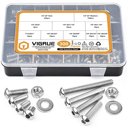 VIGRUE 300pcs 1/4-20 Hex Button Head Cap Screw, 304 Stainless Steel UNC Hexagon Bolts Flat Washers Nuts Assortment Kit Machine Screws Set, 8 Sizes (Length from 3/8" to 2") - size: 300pcs 1/4-20 Button Head
