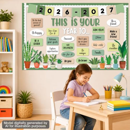 This is Your Year to Bulletin Board Set Plant Welcome Back to School Classroom Decoration Positive Affirmation Greenery Paper Cutouts Inspirational Bulletin Board for 2027 Office Chalkboard Wall Door - style: Plant your year