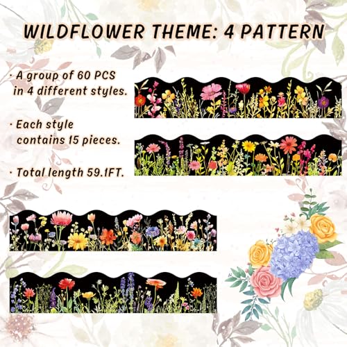 FYSUIMU 59.1 Ft Floral Bulletin Board Borders Black Wild Flower Scalloped Border Trim Sticker Decals for Home Classroom Spring Party Wall Decoration - style: Night Flower