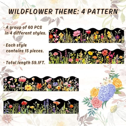 FYSUIMU 59.1 Ft Floral Bulletin Board Borders Black Wild Flower Scalloped Border Trim Sticker Decals for Home Classroom Spring Party Wall Decoration - style: Night Flower