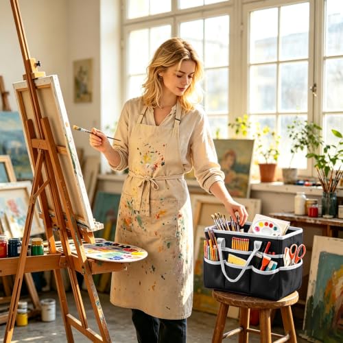 Craft Organizer Tote Bag, Art Supply Storage Bag for Art Supplies - color: Black & Gray (6.5"D x 13"W x 8.5"H)