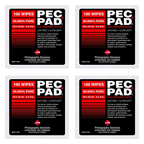 PEC-PAD Lint Free Wipes 4”x4” Non-Abrasive Ultra Soft Cloth for Cleaning Sensitive Surfaces like Camera, Lens, Filters, Film, Scanners, Telescopes, Microscopes, Binoculars. (100 Sheets Per/Pkg) 4-Pack - size: 100 Count (Pack of 4)
