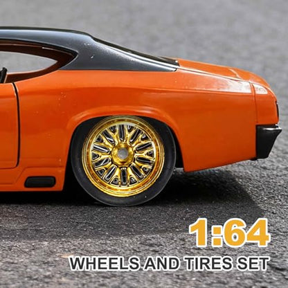MECCANIXITY 4 Set 1/64 Wheels and Tires Set, Real Riders Rims Includes Axles for RC Diecast Car DIY Model, Branch Gold Silver Black White Rims 11 x 5.4mm