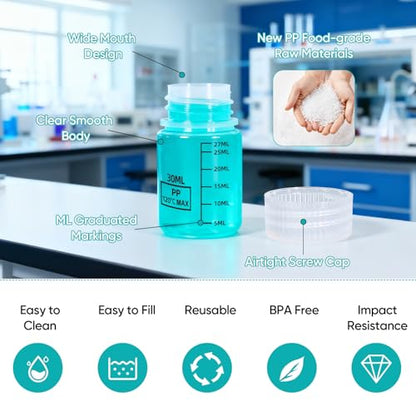 DEMORA Plastic Bottles with Airtight Caps 1oz/30ml, Food Grade Wide Mouth Liquid Containers, Reusable PP Graduated Measuring Bottles for Water Sample Lab Reagent Liquids Mixing (Clear, 4 Pcs)