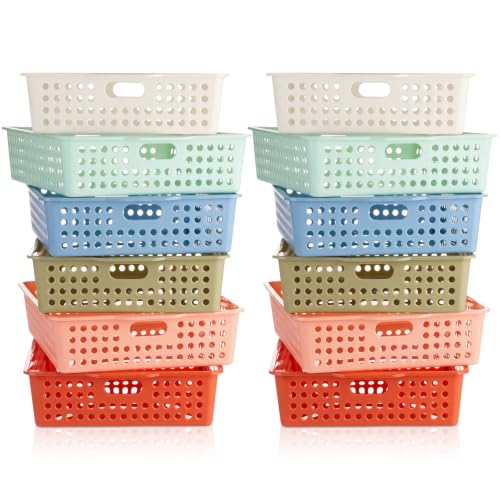 12 Pack Turn in Trays for Classroom, Stackable Plastic Paper Baskets with Handles, Letter Size A4 Teacher Desk Organizer Bins for Classroom Organization (Boho Colors) - color: Boho Colors