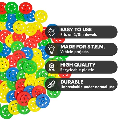 Toy Wheels, 200-Pack – Small Plastic Wheels for Crafts and STEM Projects - color: Multi, size: 100pcs (Pack of 2)