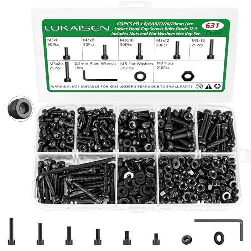 631PCS M3 Hex Socket Screw Assortment Kit, M3 x 6/8/10/12/16/20mm - size: M3 631pcs 3