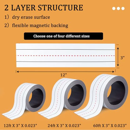 Magnetic Sentence Strips for Whiteboard,3"x12ft Roll - size: 12 Feet x 3 Inch