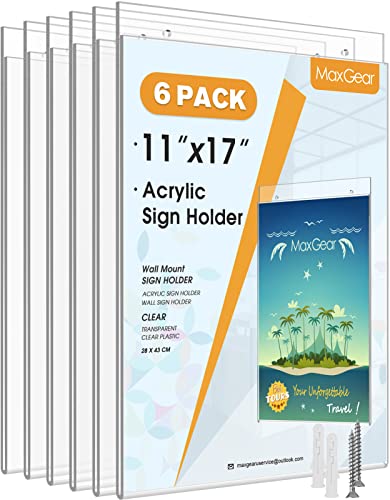 MaxGear Acrylic Wall Mount Sign Holder, 11 x 17 Vertical, 6 Pack - size: 11"x17"-6Pack
