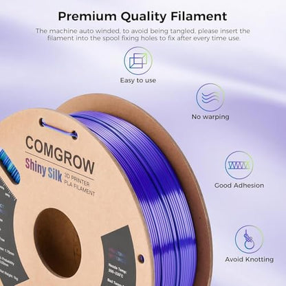 Comgrow Silk Shiny Blue Purple and Yellow 3D Printer Filament, Comgrow 3D Printing Materials Silk PLA 1.75mm, 3D Printing Filament +/-0.02mm, 1kg/2.2lbs Silk PLA - color: Blue & Purple &Yellow
