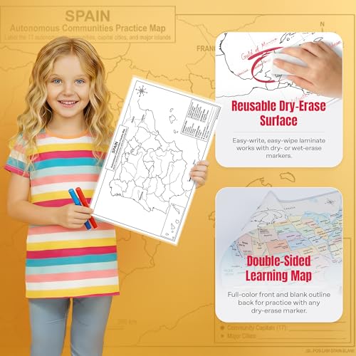 Spain Map Poster 11x17 | Laminated Double-Sided Geography Chart with Color Map Front & Blank Outline Back | Reusable Classroom & Homeschool Learning Tool - color: Spain