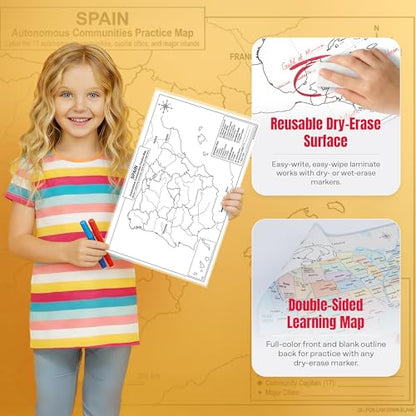 Spain Map Poster 11x17 | Laminated Double-Sided Geography Chart with Color Map Front & Blank Outline Back | Reusable Classroom & Homeschool Learning Tool - color: Spain