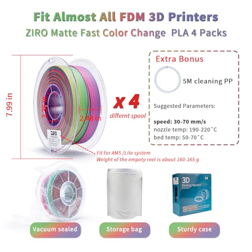ZIRO Matte Fast Color Change PLA 4 Pack Bundle, No-Shine 1KG X 4 Spool - color: Matte Fast Color Change-4pack (Pastel Spectrum, Rainbow Blaze, Peachy Sunrise, Dreamy Dusk)