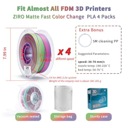 ZIRO Matte Fast Color Change PLA 4 Pack Bundle, No-Shine 1KG X 4 Spool - color: Matte Fast Color Change-4pack (Pastel Spectrum, Rainbow Blaze, Peachy Sunrise, Dreamy Dusk)