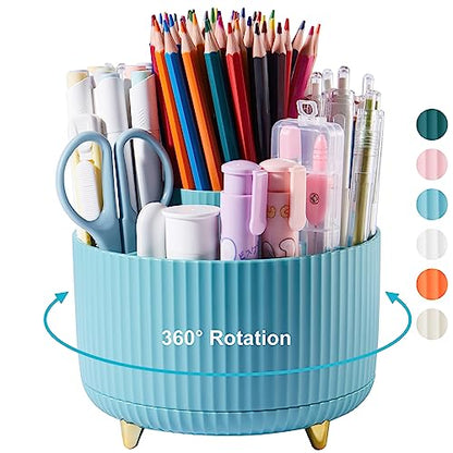 360 Degree Rotation Pen Holder, 5 Slots Office Desk Pen Organizer Multi-Functional Pencil Cup Makeup Brush Holder Office Business Card Pen Pencil Stationery Holder Storage Box Blue - color: Blue