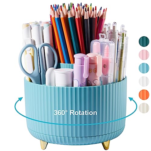 360 Degree Rotation Pen Holder, 5 Slots Office Desk Pen Organizer Multi-Functional Pencil Cup Makeup Brush Holder Office Business Card Pen Pencil Stationery Holder Storage Box Blue - color: Blue