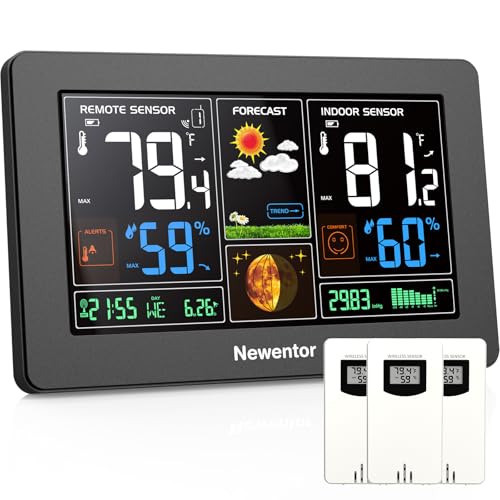 Newentor Weather Station Wireless Indoor Outdoor Thermometer, Black,3Sensor - color: Black, size: with 3 sensor